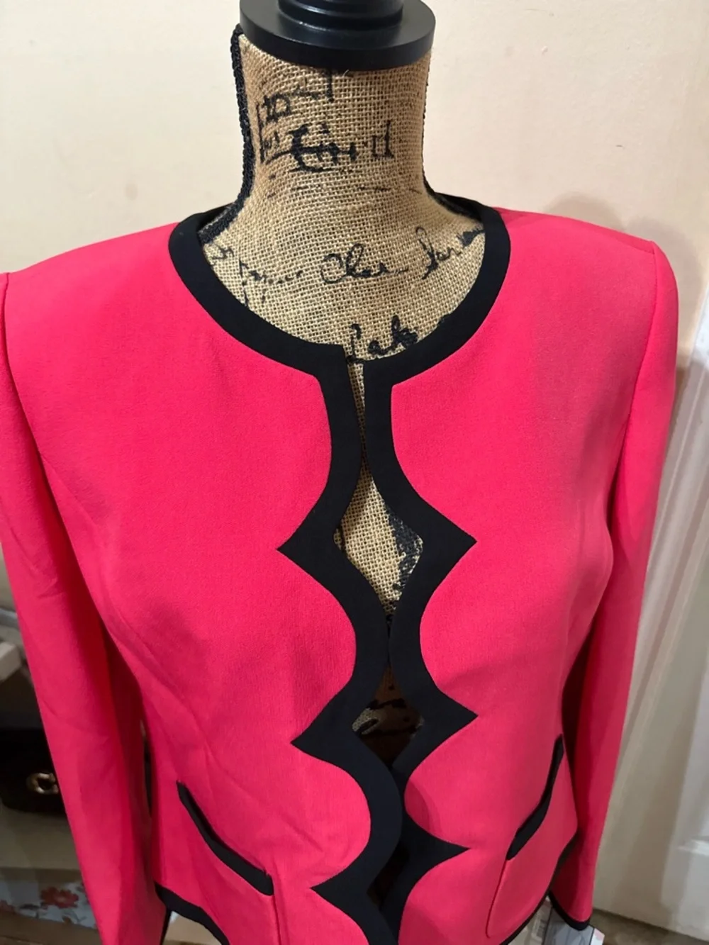 Bright Pink Scalloped-Edge Blazer with Black Trim - Picture 2 of 4